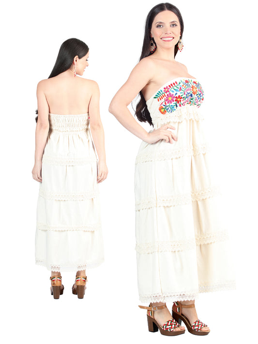 Artisanal Embroidered Dress 100% Cotton Beige 603999