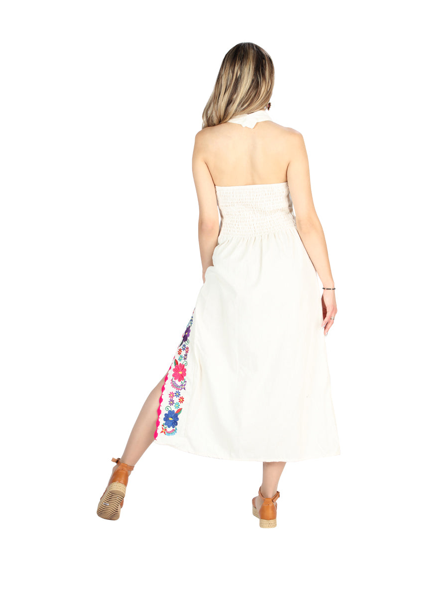 Artisanal Embroidered Dress 100% Cotton Beige 604055