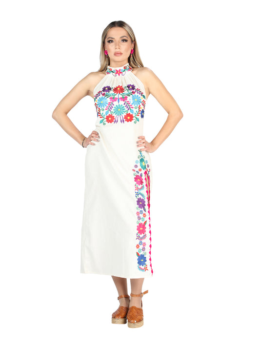 Artisanal Embroidered Dress 100% Cotton Beige 604055